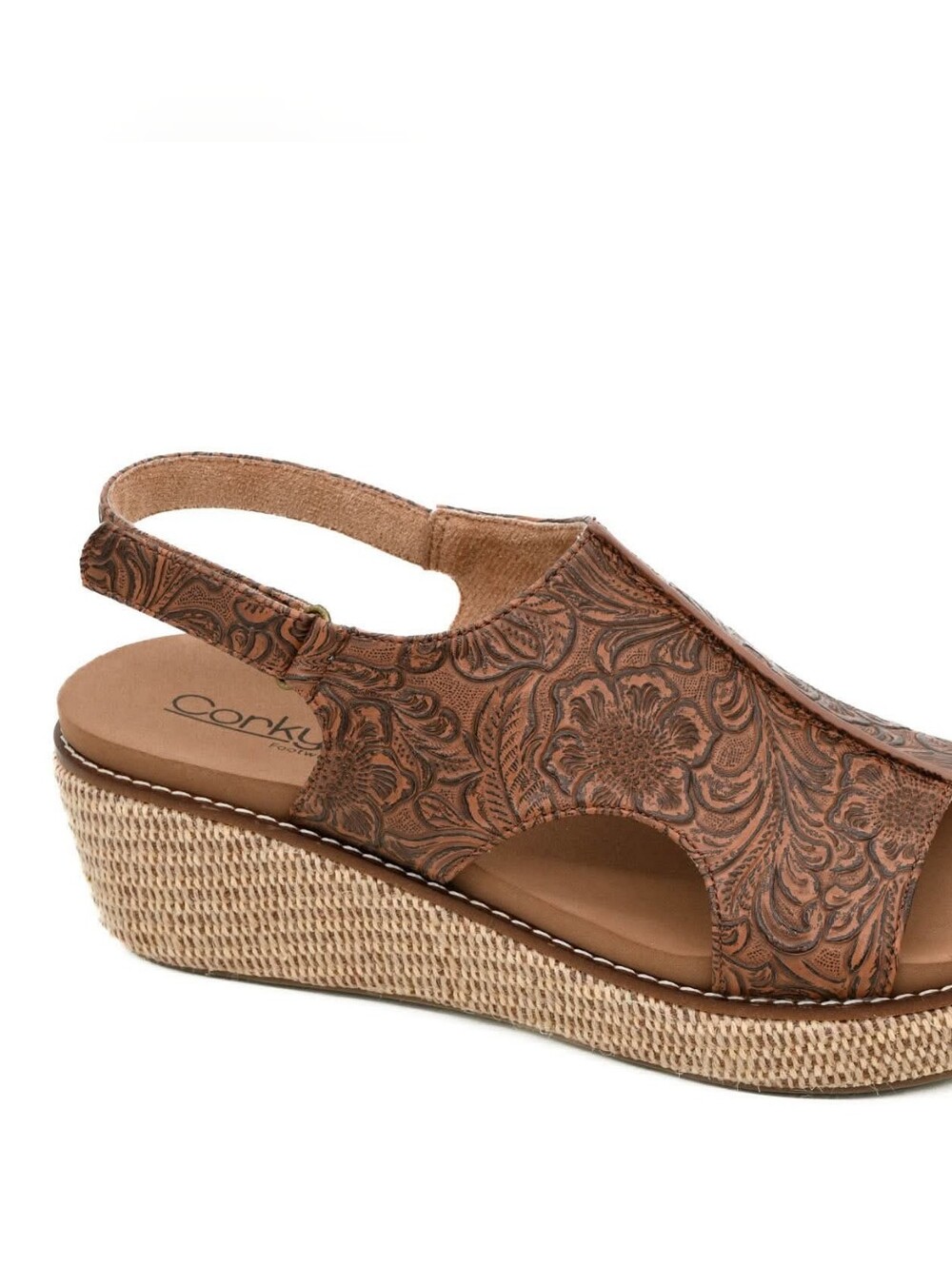 Corkys VOLTA Brown Floral-Embossed Slingback Wedge Sandal